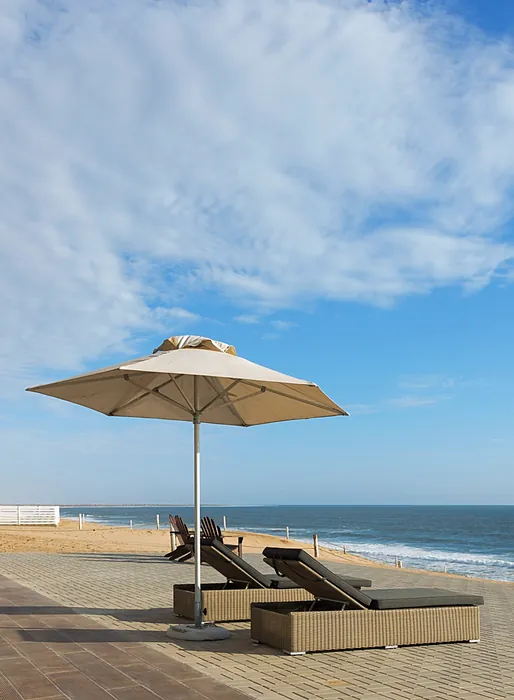 Sun loungers on the terrace overlooking the beach